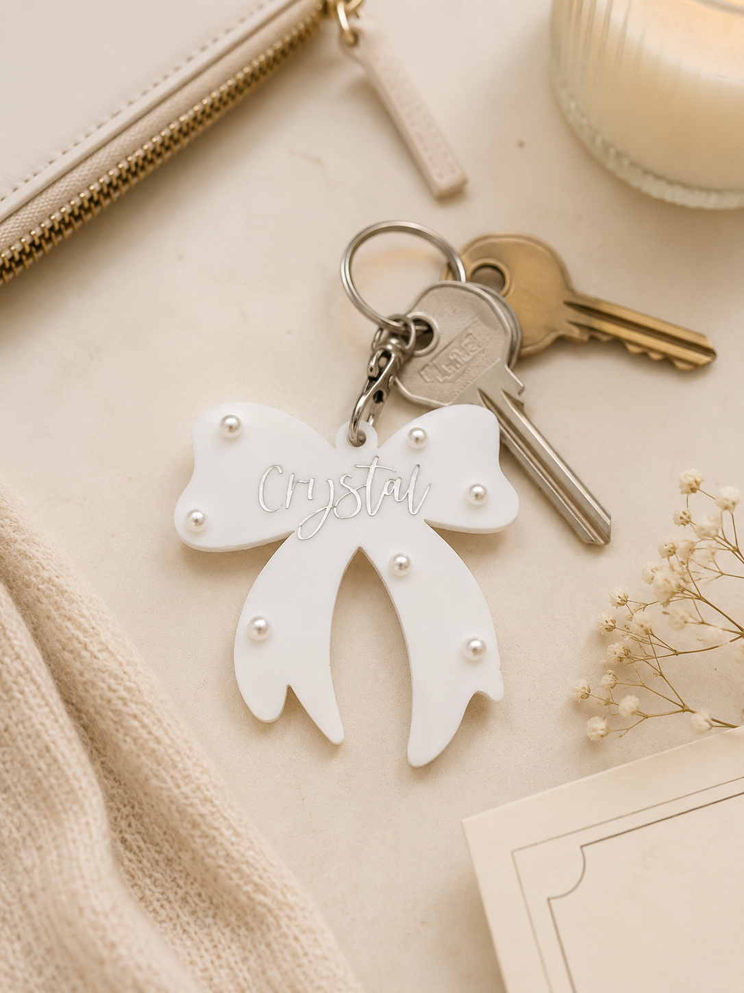 Personalized Pearl Bow Keychain, Custom Name Gift