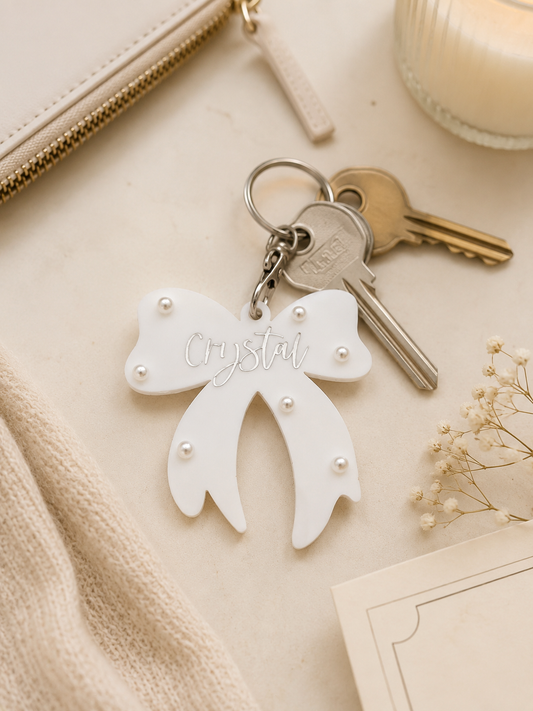 Personalized Pearl Bow Keychain, Custom Name Gift