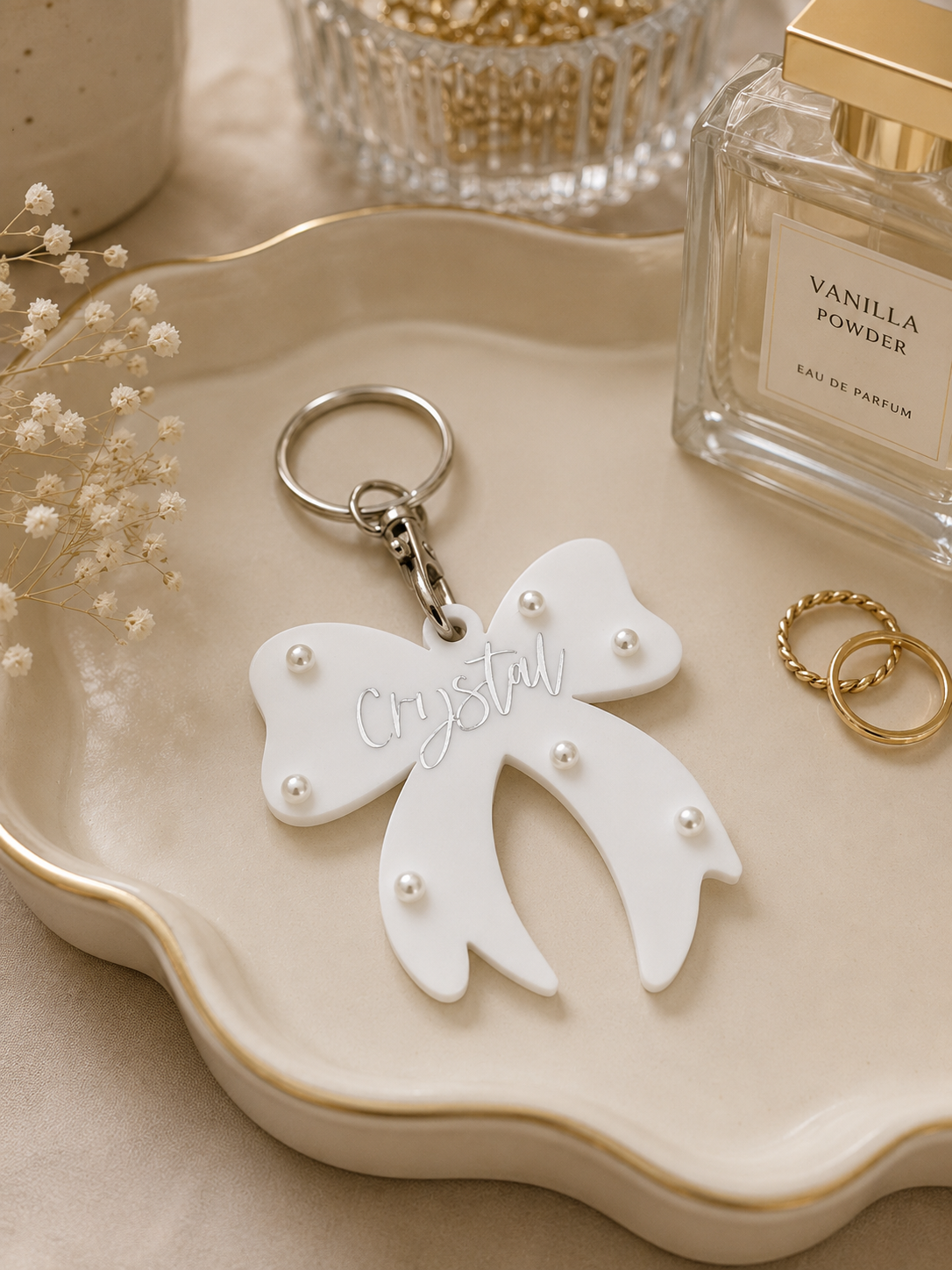 Personalized Pearl Bow Keychain, Custom Name Gift