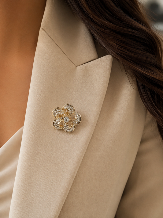 Gold Crystal Flower Brooch, Elegant Floral Lapel Pin