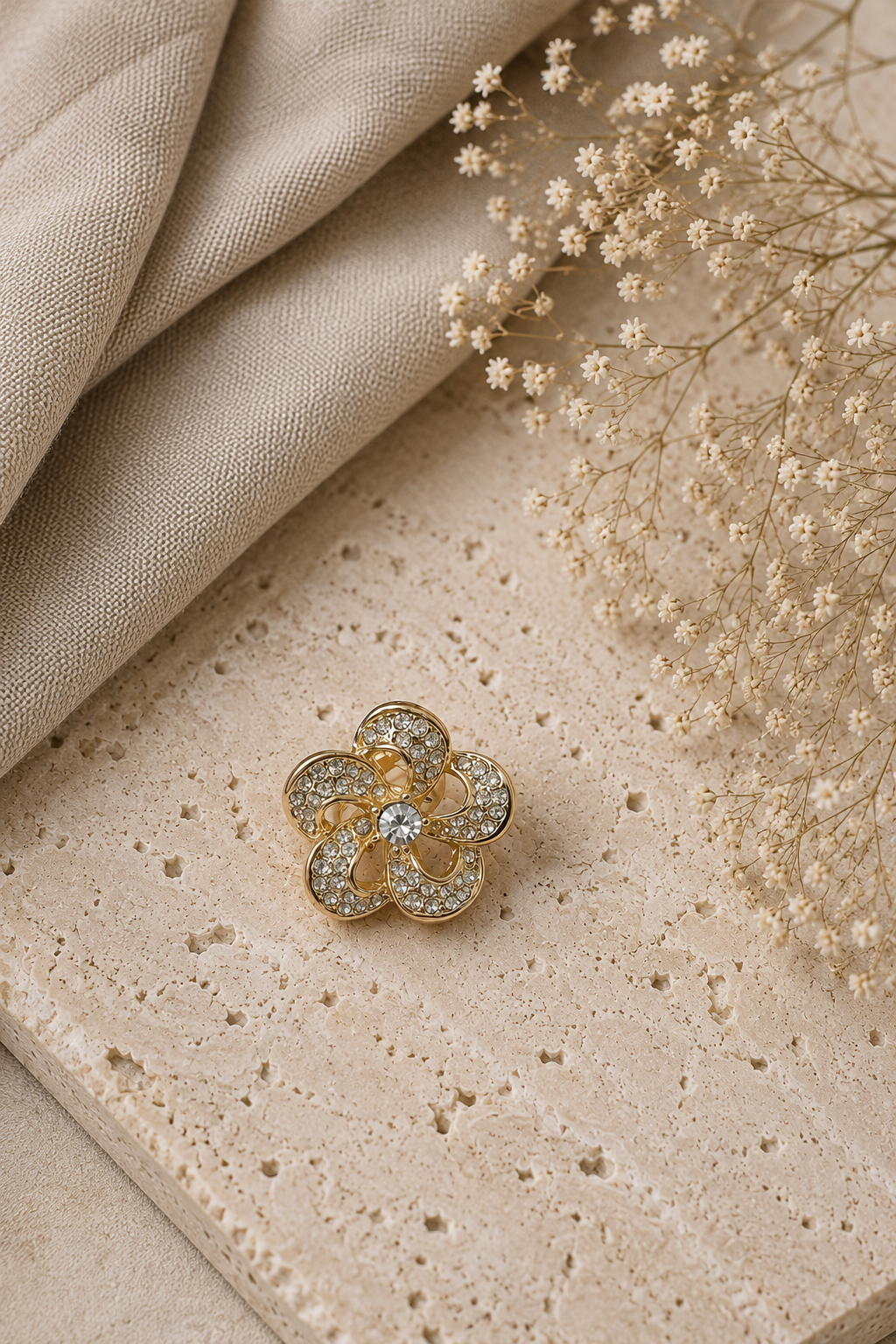 Gold Crystal Flower Brooch, Elegant Floral Lapel Pin