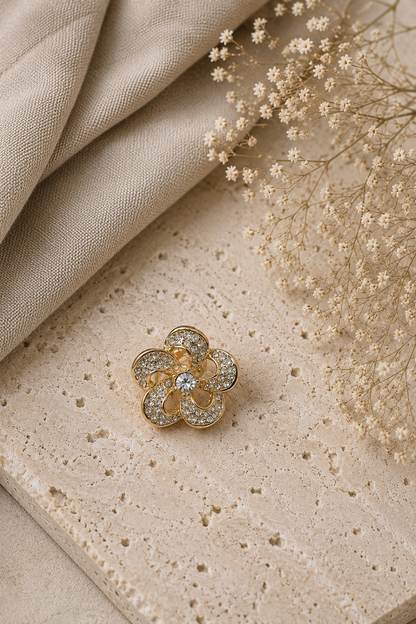 Gold Crystal Flower Brooch, Elegant Floral Lapel Pin