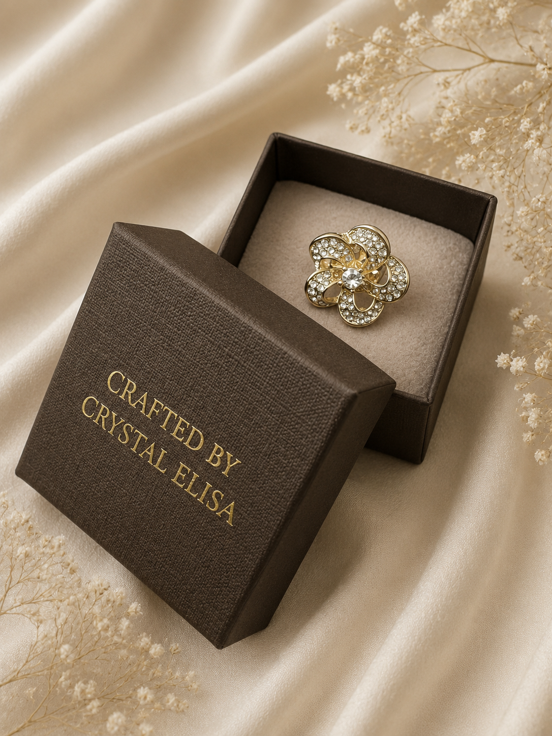 Gold Crystal Flower Brooch, Elegant Floral Lapel Pin