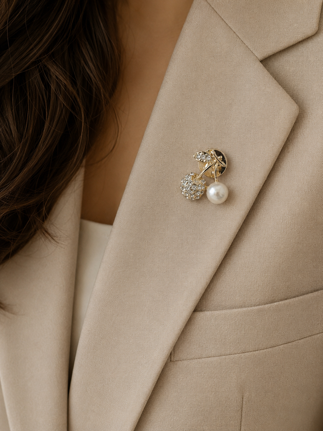 Gold Crystal Cherry Brooch, Elegant Cherry Lapel Pin