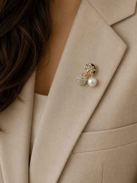 Gold Crystal Cherry Brooch, Elegant Cherry Lapel Pin