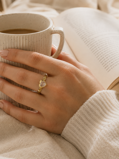 Roselyn Heart Adjustable Ring: Gold Crystal Heart Ring