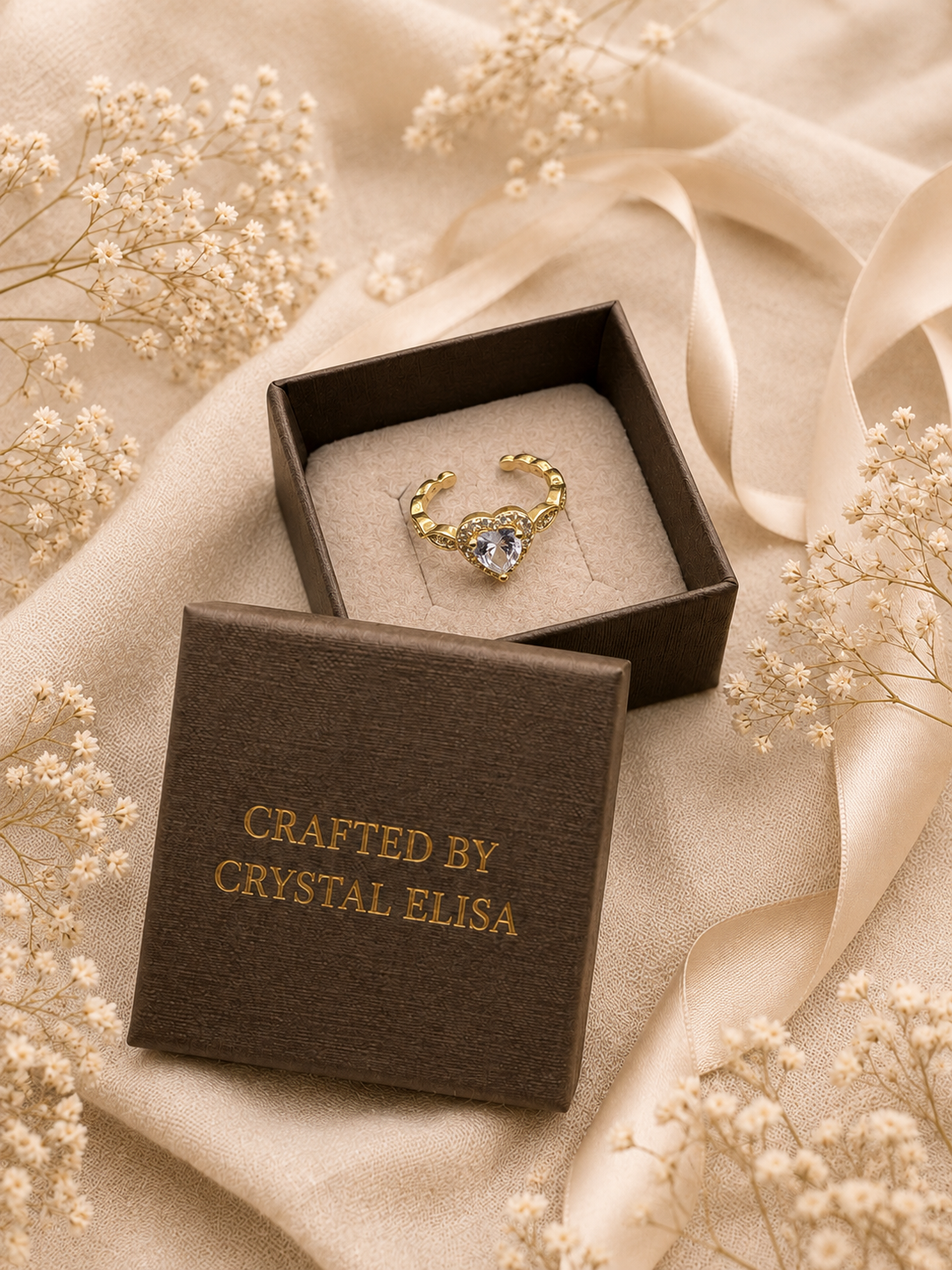 Roselyn Heart Adjustable Ring: Gold Crystal Heart Ring