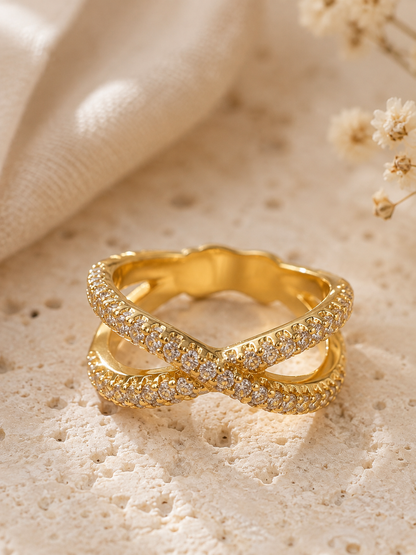 Golden Vow Ring: Gold Crossover Crystal Ring