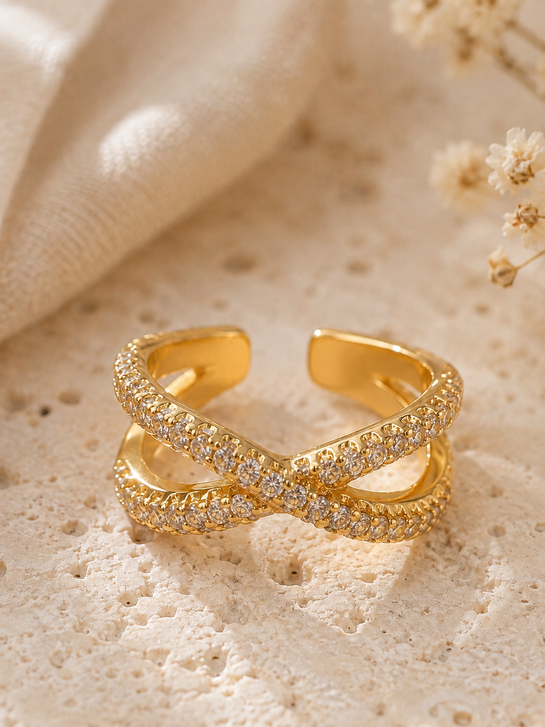 Golden Vow Adjustable Ring: Gold Crossover Crystal Ring