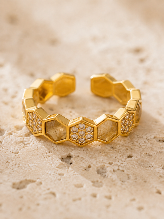 Honey Glow Adjustable Ring: Gold Honeycomb Ring
