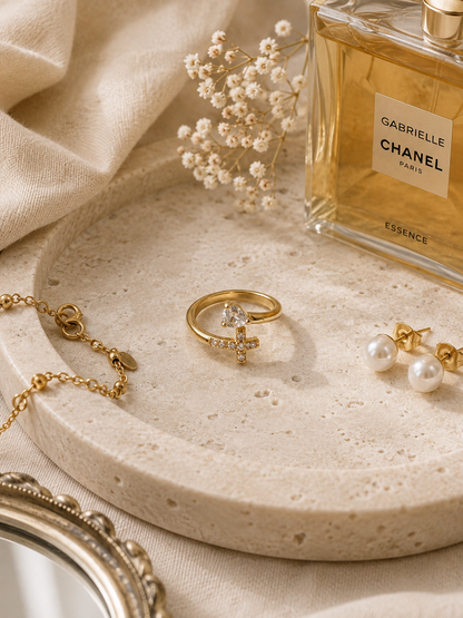 Celestial Ring: Gold Cross Ring with Crystal