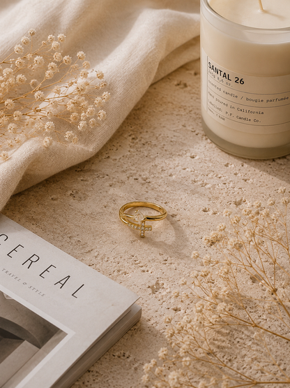 Celestial Ring: Gold Cross Ring with Crystal