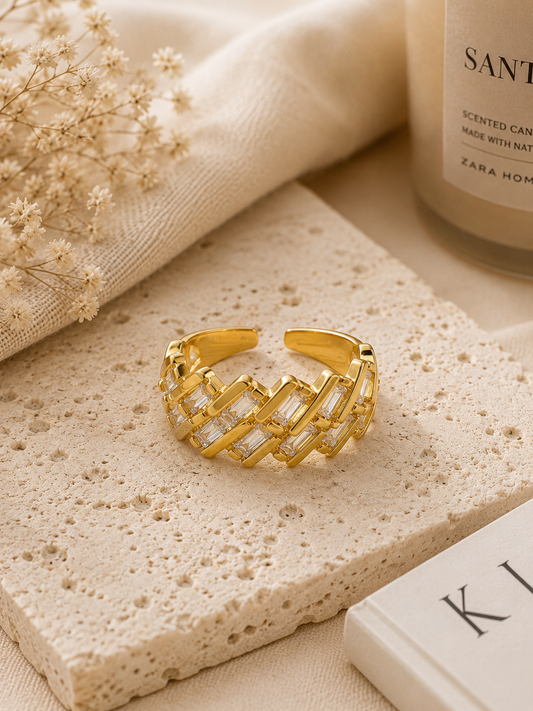 Sage Twist Adjustable Ring, Crisscross Baguette Statement Ring