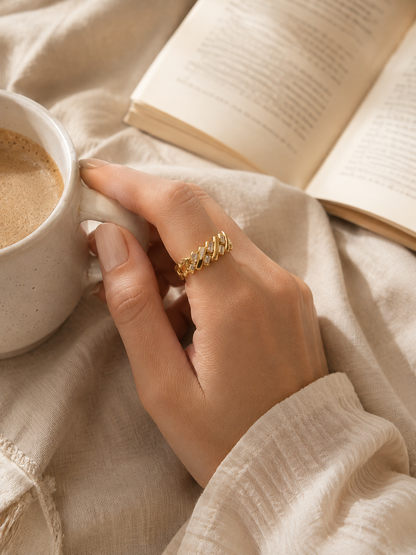 Sage Twist Adjustable Ring, Crisscross Baguette Statement Ring