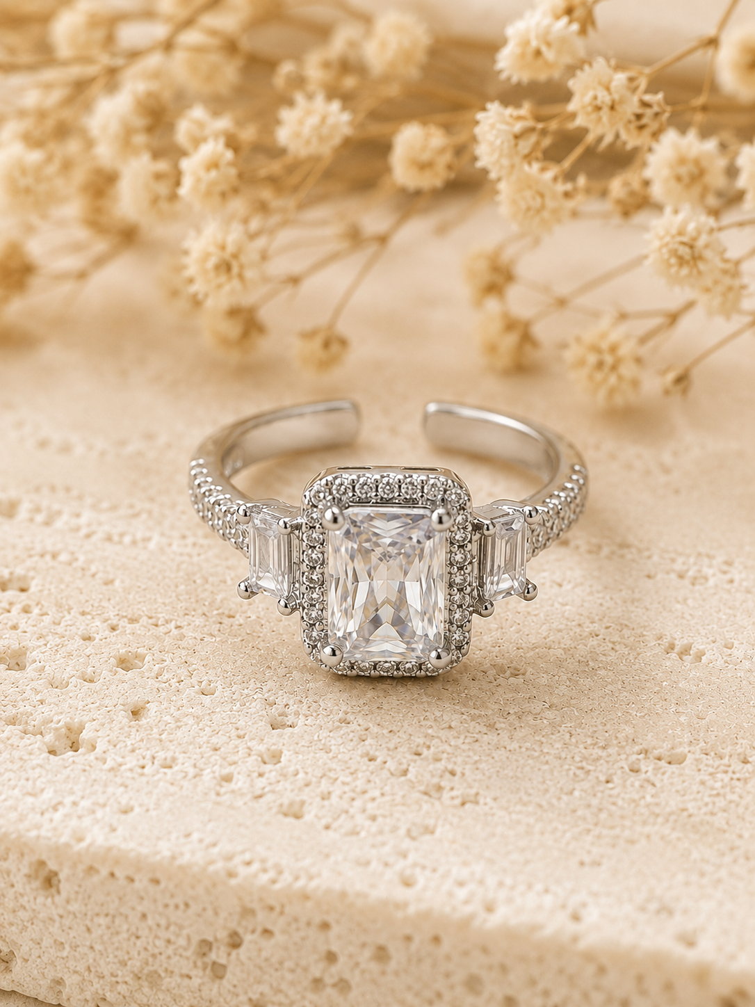 Lumi Adjustable Ring, Silver Emerald Cut Halo Ring