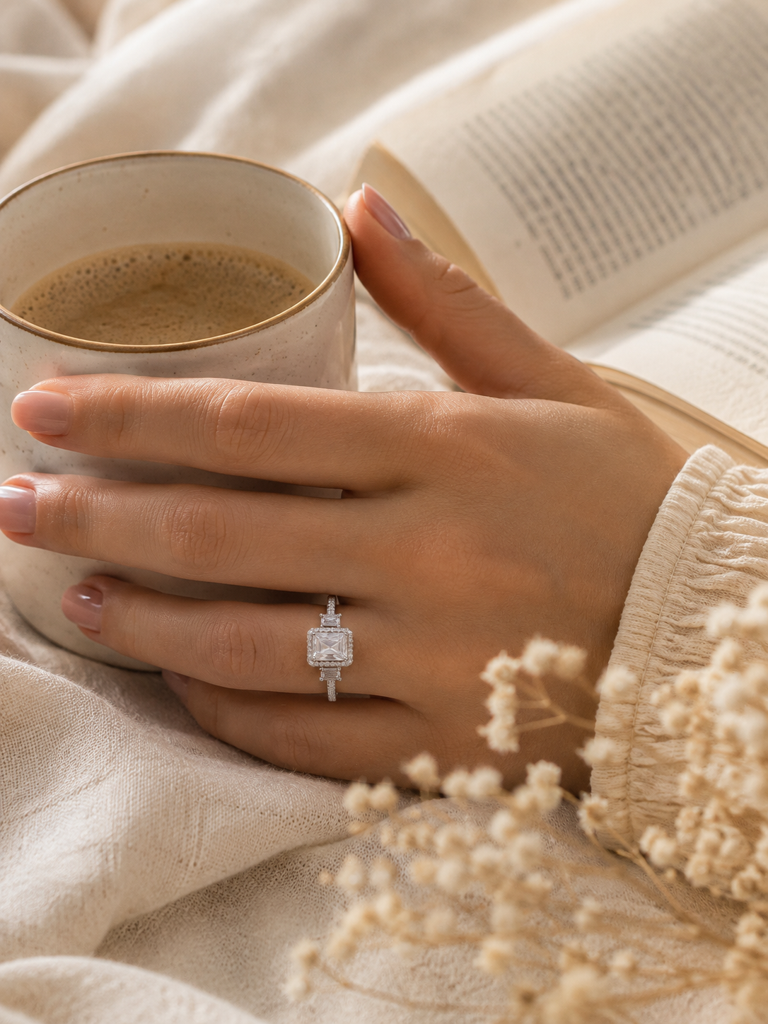 Lumi Adjustable Ring, Silver Emerald Cut Halo Ring
