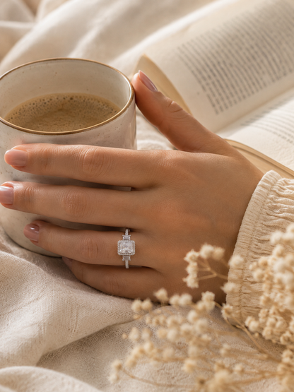 Lumi Adjustable Ring, Silver Emerald Cut Halo Ring