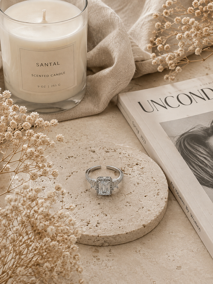 Lumi Adjustable Ring, Silver Emerald Cut Halo Ring