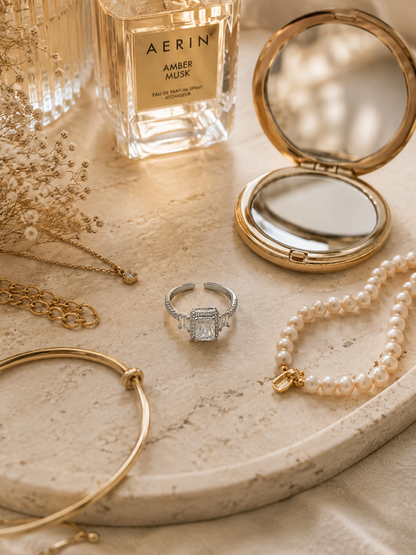 Lumi Adjustable Ring, Silver Emerald Cut Halo Ring
