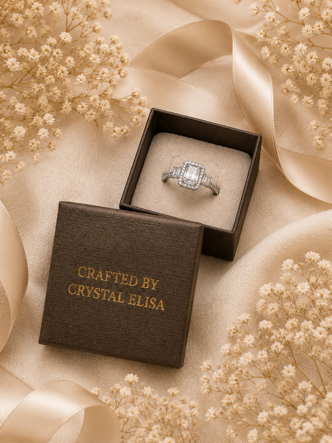 Lumi Adjustable Ring, Silver Emerald Cut Halo Ring