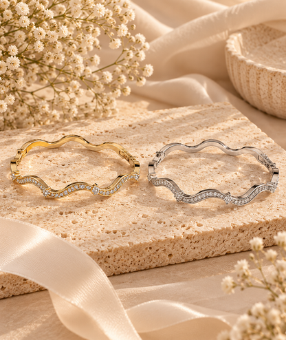 Evangeline Bangle, Gold & Silver Crystal Wave Bracelet