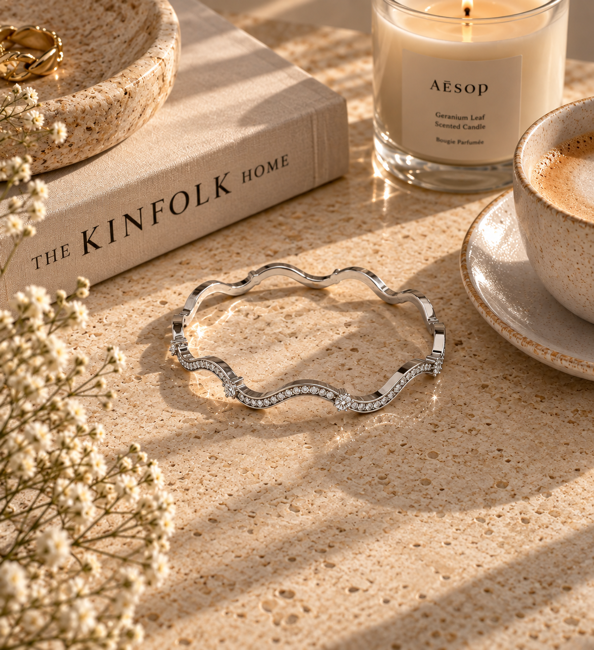Evangeline Bangle, Gold & Silver Crystal Wave Bracelet
