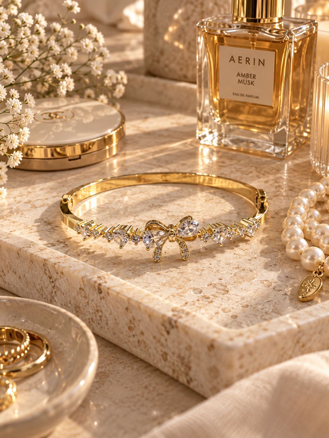 Noelle Bangle, Gold Crystal Bow Bracelet