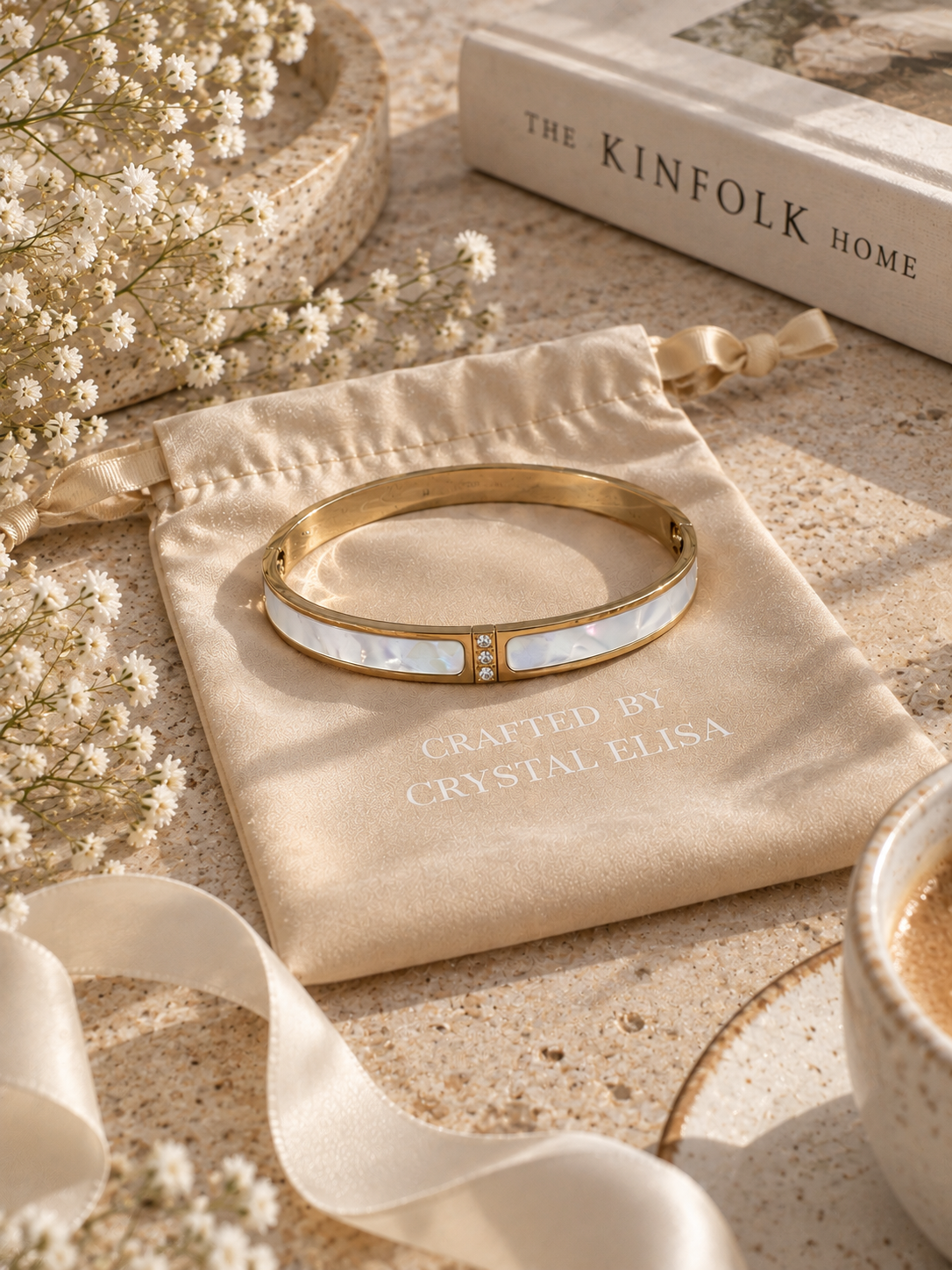 Aspen Bangle, Gold & White Inlay Bracelet
