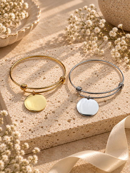 Scarlet Charm Bangle: Personalized Gold & Silver Disc Charm Bangle