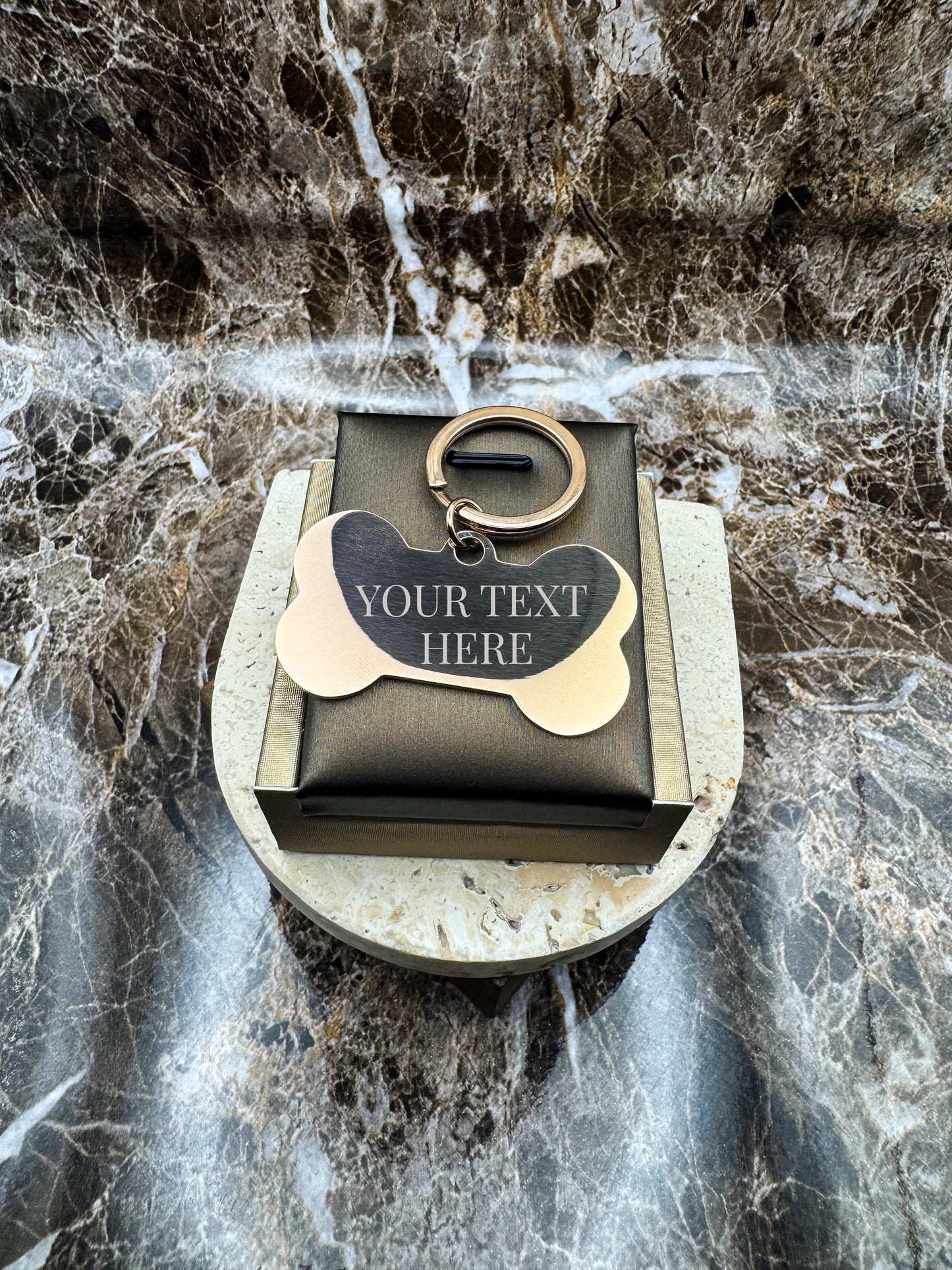 The Rose Gold Bone Custom Keychain, Personalized Rose Gold Engraved Keychain (1.95” x 1.1”)