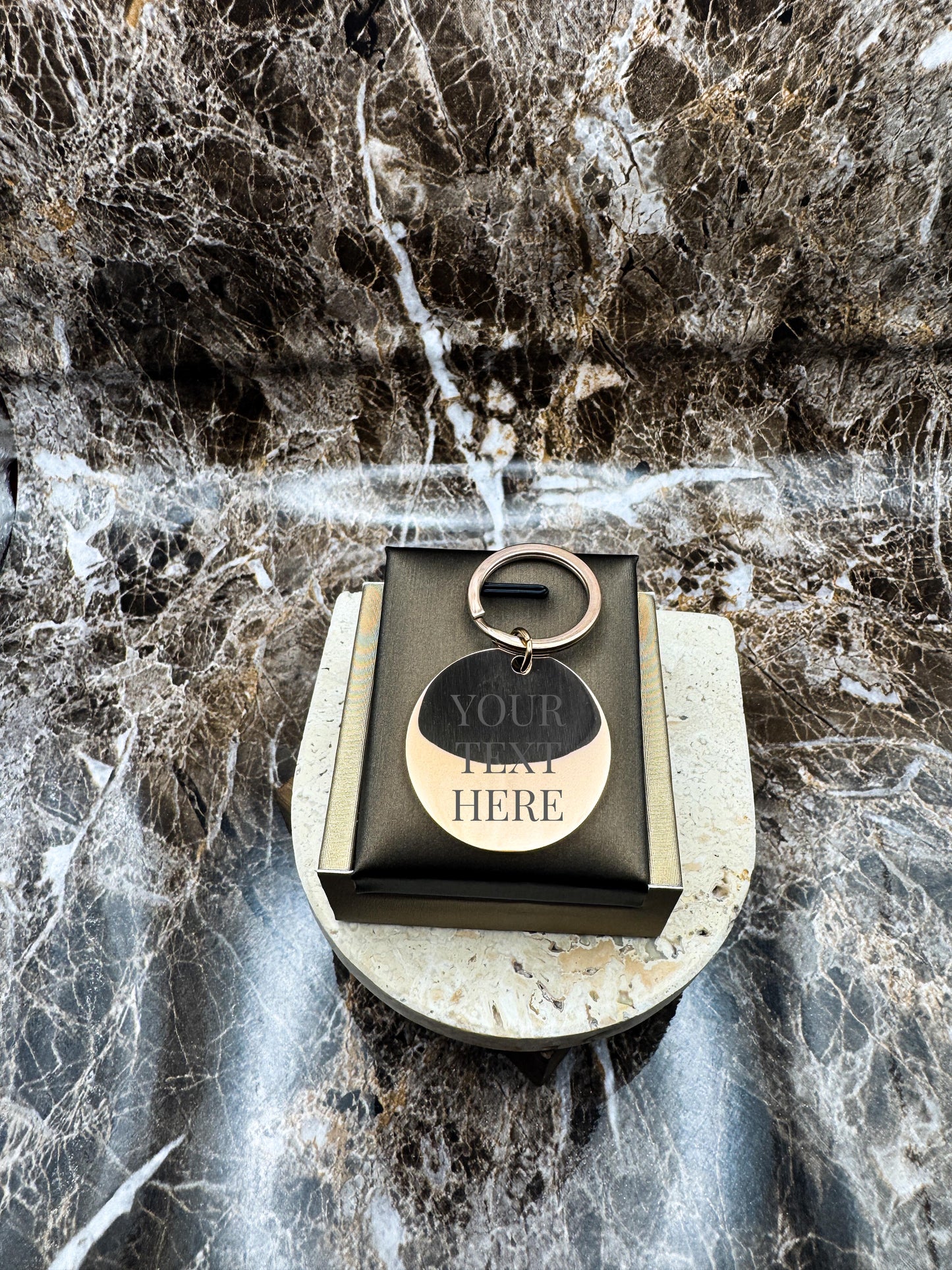 The Rose Gold Halo Custom Keychain, Personalized Rose Gold Engraved Keychain