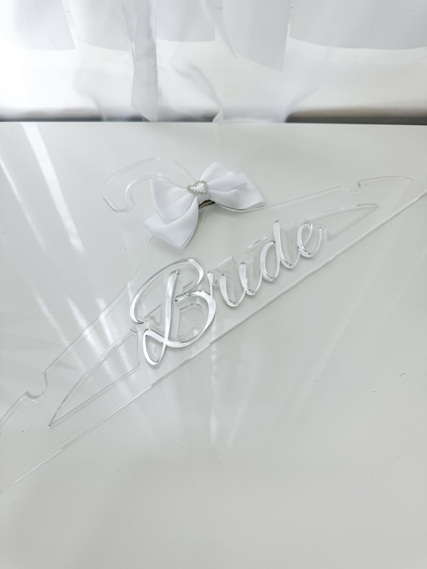 Custom Bride Acrylic Hanger with White Bow, Personalized Wedding Dress Hanger