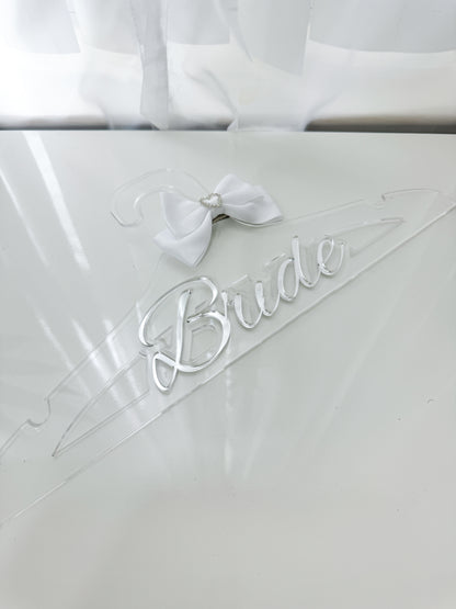 Custom Bride Acrylic Hanger with White Bow, Personalized Wedding Dress Hanger