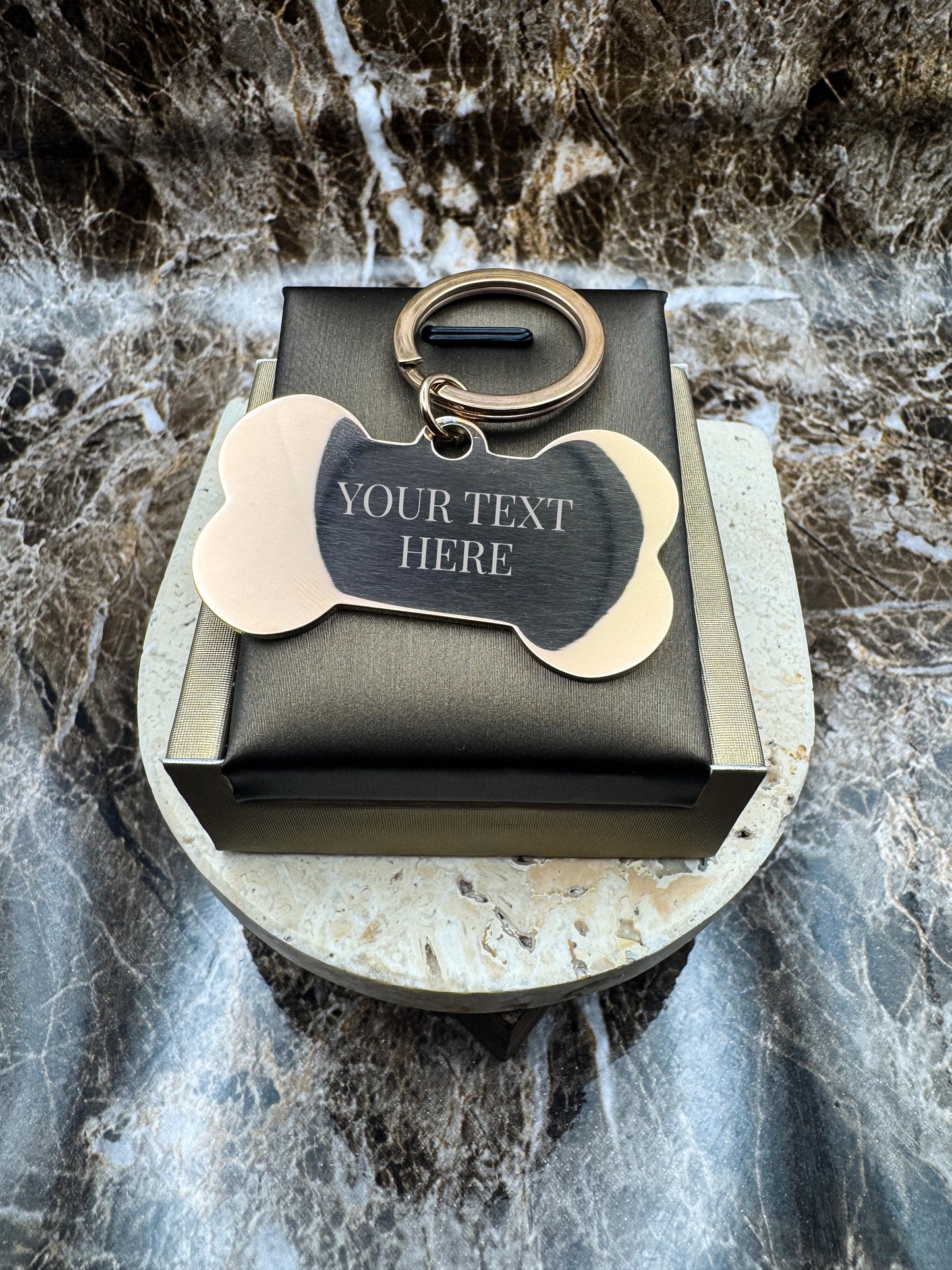 The Rose Gold Bone Custom Keychain, Personalized Rose Gold Engraved Keychain (1.95” x 1.1”)