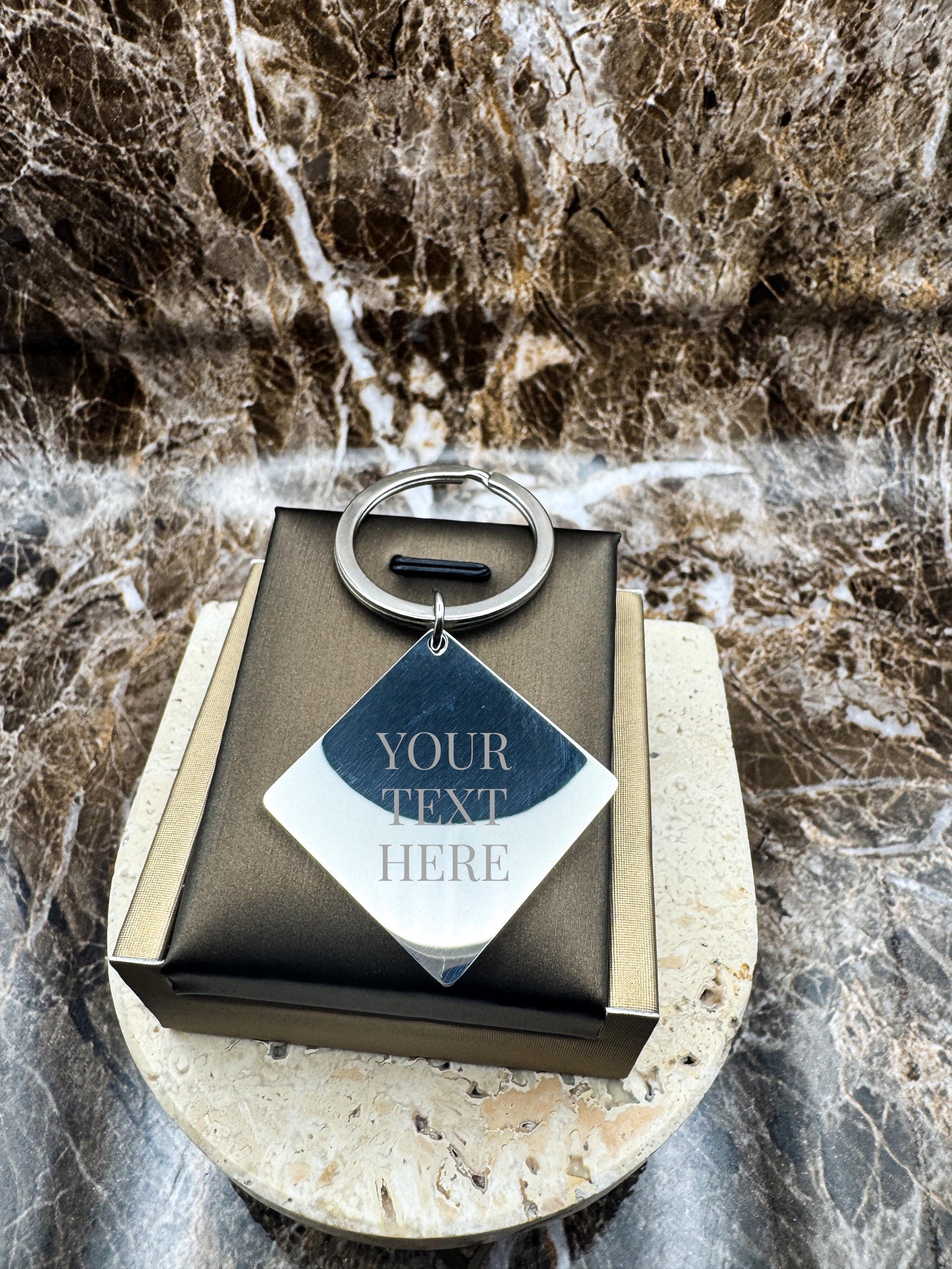 The Silver Diamond Custom Keychain, Personalized Silver Engraved Keychain (1.1”)