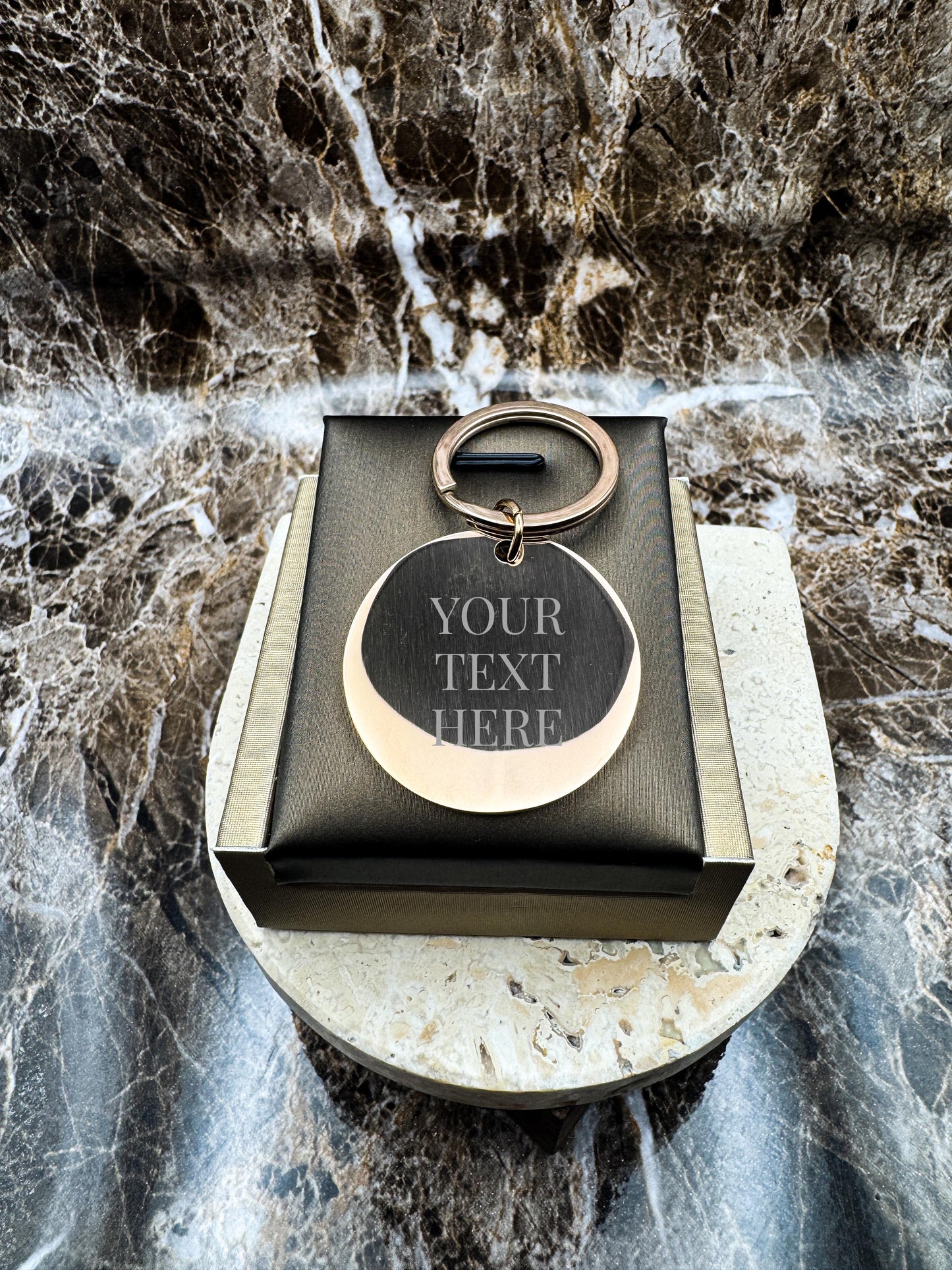 The Rose Gold Halo Custom Keychain, Personalized Rose Gold Engraved Keychain