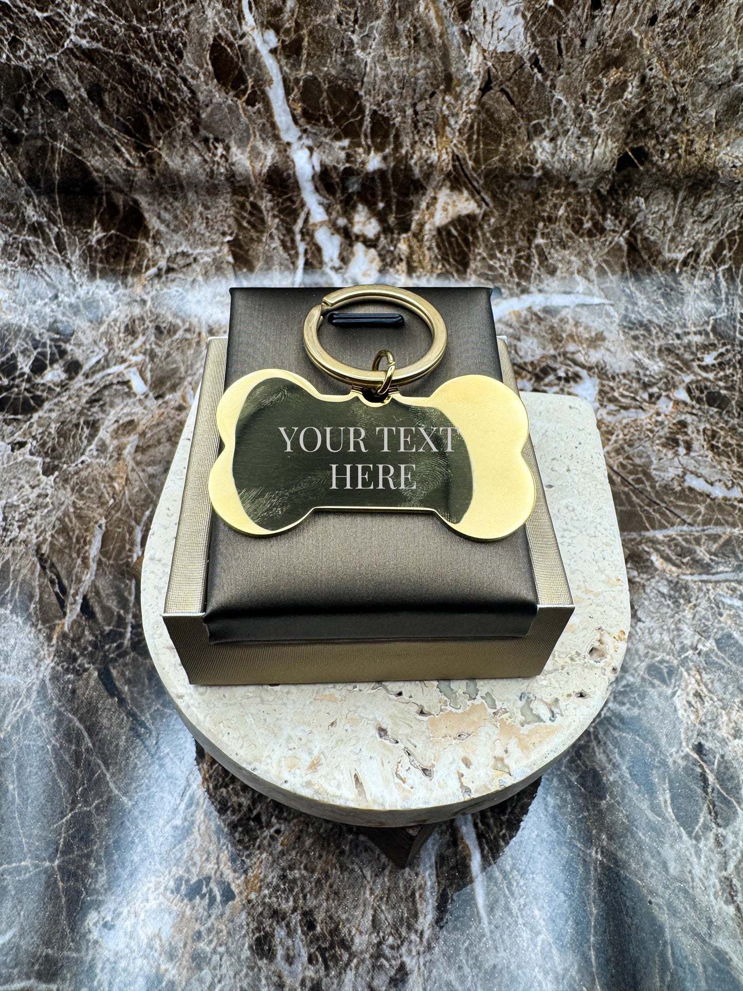 The Golden Bone Custom Keychain, Personalized Gold Engraved Keychain (1.95” x 1.1”)