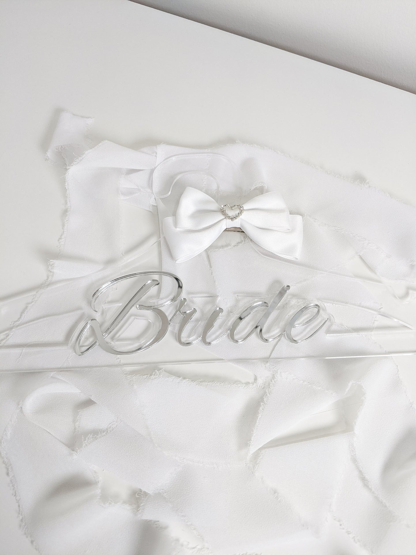 Custom Bride Acrylic Hanger with White Bow, Personalized Wedding Dress Hanger