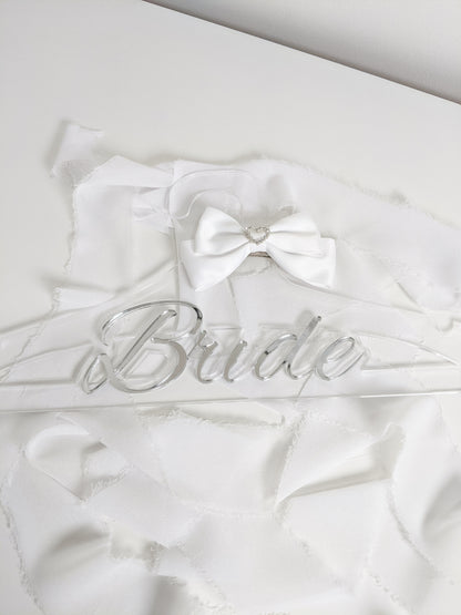 Custom Bride Acrylic Hanger with White Bow, Personalized Wedding Dress Hanger