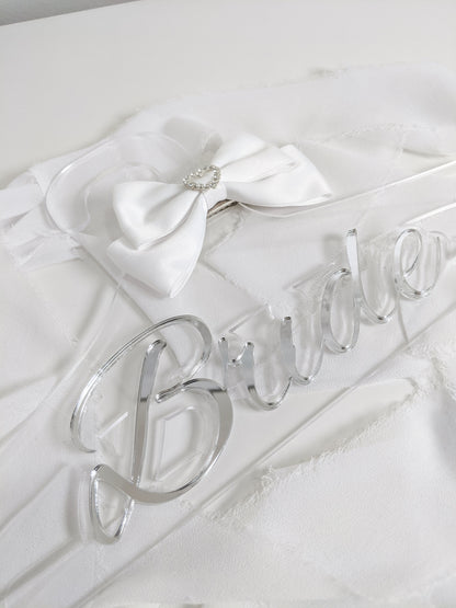 Custom Bride Acrylic Hanger with White Bow, Personalized Wedding Dress Hanger
