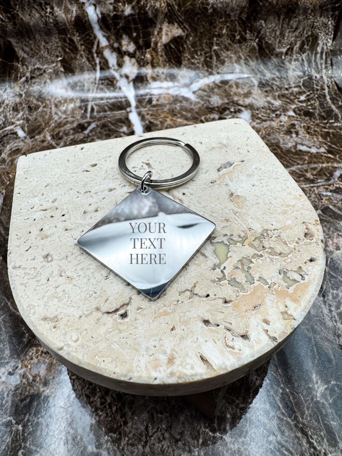 The Silver Diamond Custom Keychain, Personalized Silver Engraved Keychain (1.1”)