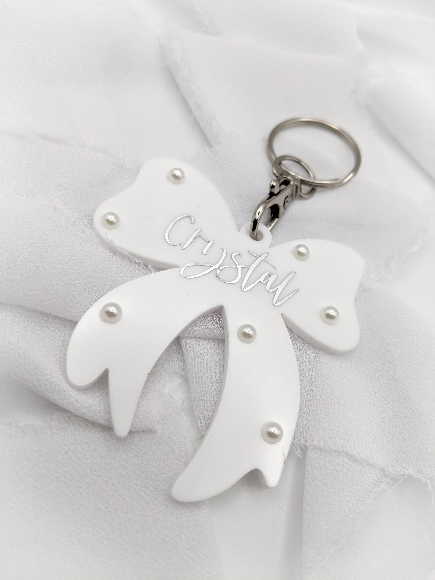 Custom Pearl Bow Keychain, Name Acrylic Gift