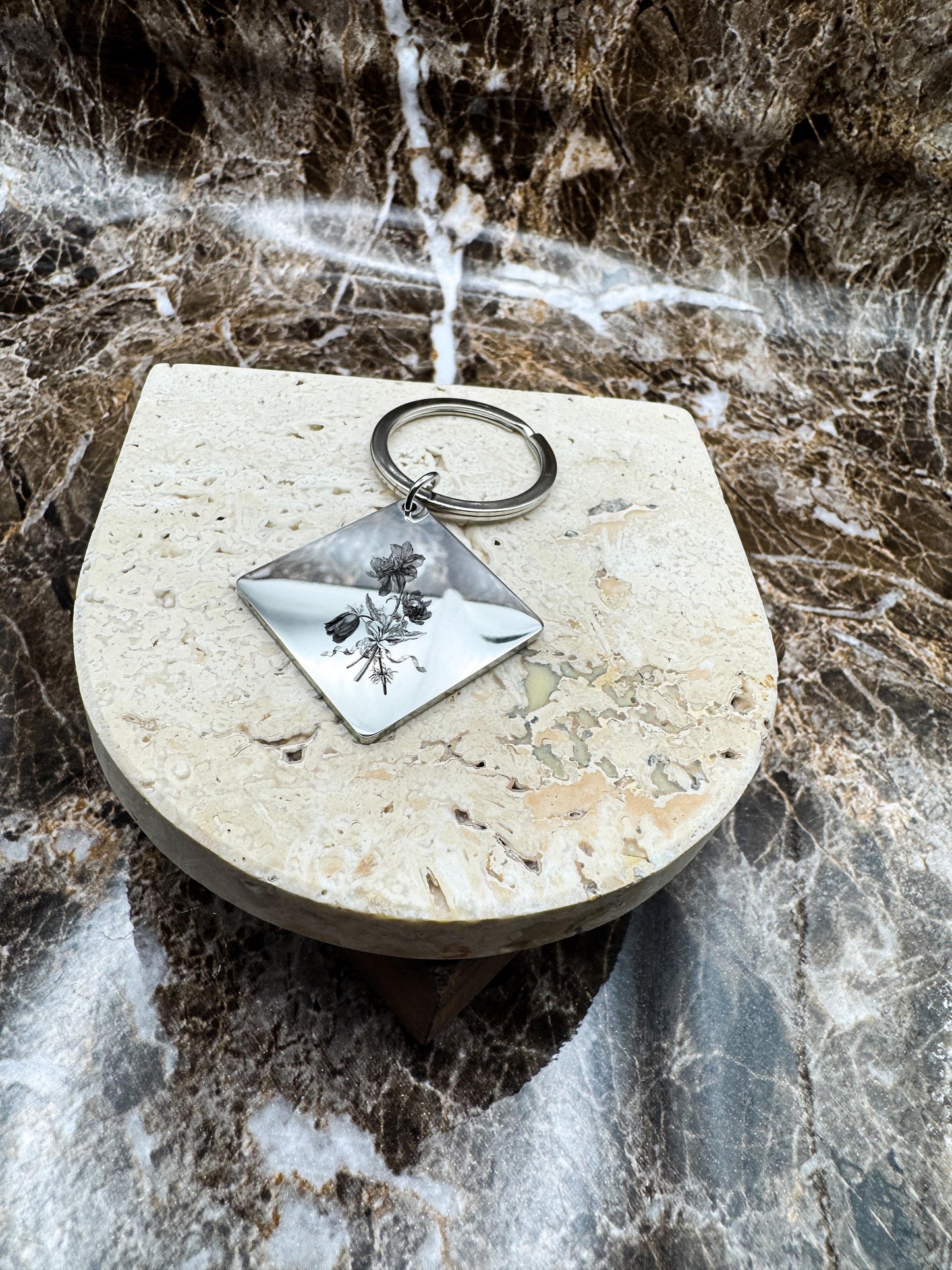 The Silver Diamond Custom Keychain, Personalized Silver Engraved Keychain (1.1”)