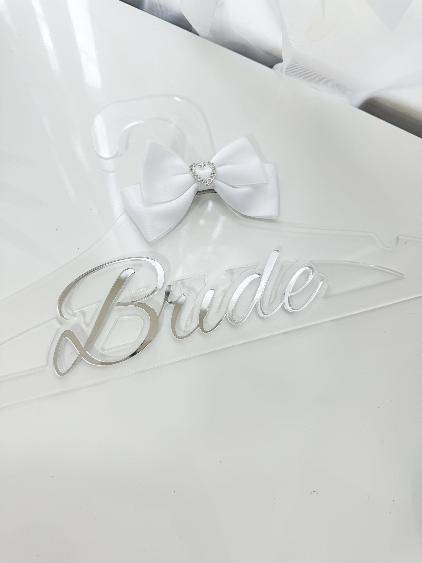 Custom Bride Acrylic Hanger with White Bow, Personalized Wedding Dress Hanger