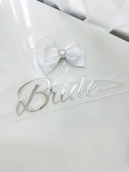 Custom Bride Acrylic Hanger with White Bow, Personalized Wedding Dress Hanger