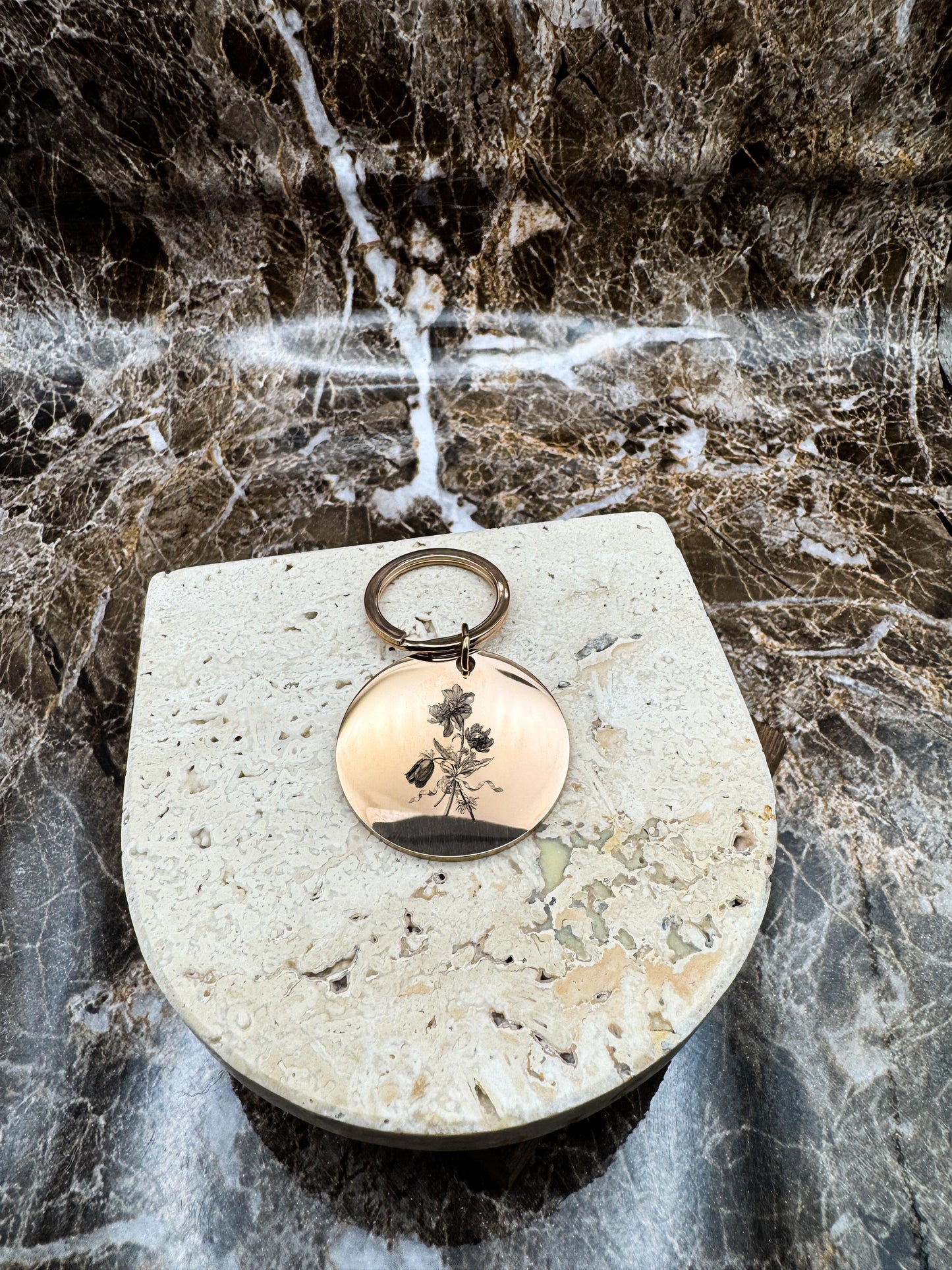 The Rose Gold Halo Custom Keychain, Personalized Rose Gold Engraved Keychain