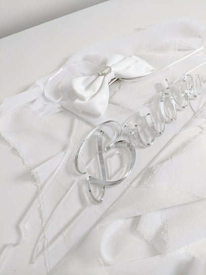 Custom Bride Acrylic Hanger with White Bow, Personalized Wedding Dress Hanger