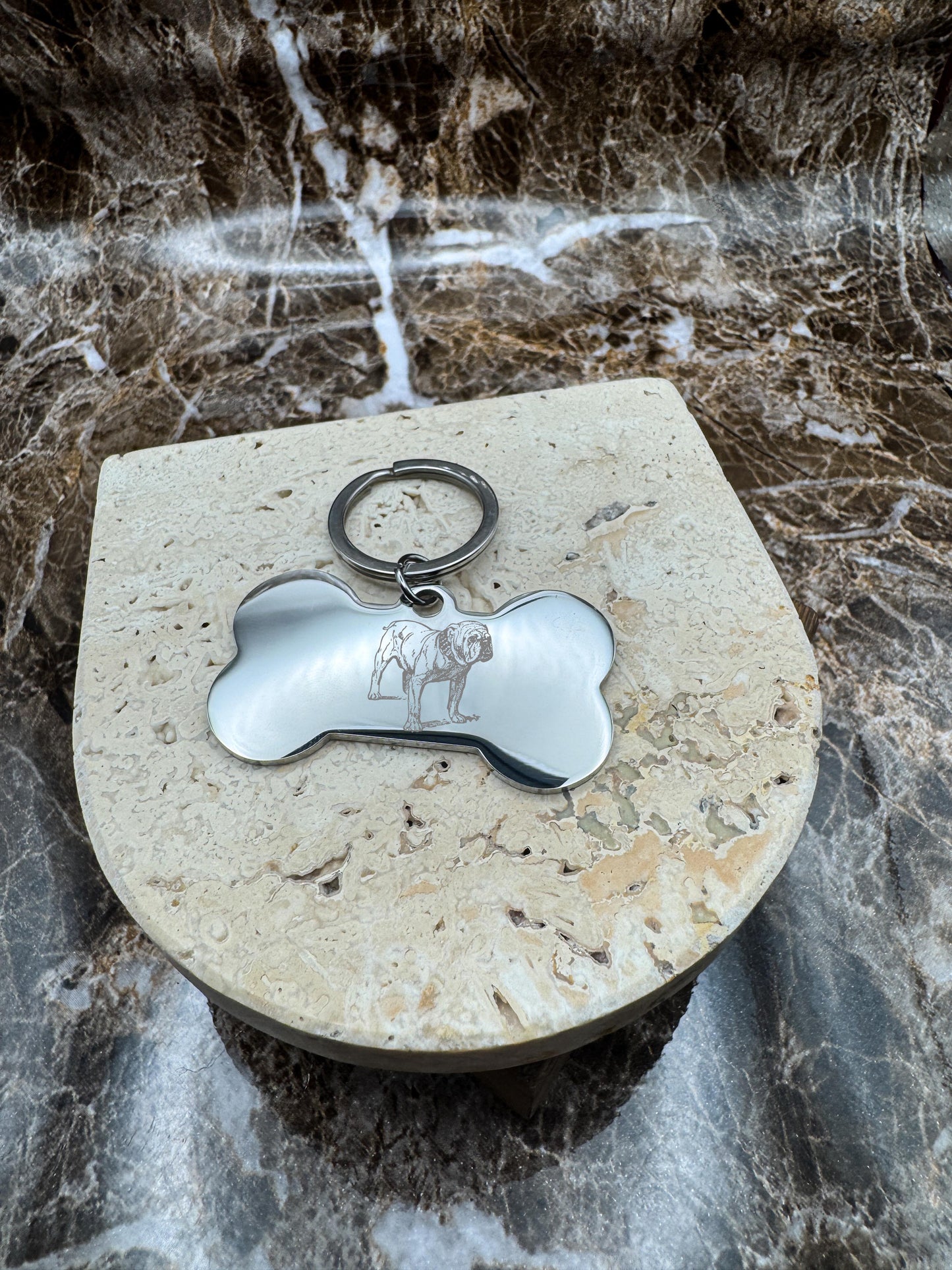 The Silver Bone Custom Keychain, Personalized Silver Engraved Keychain (1.95” x 1.1”)
