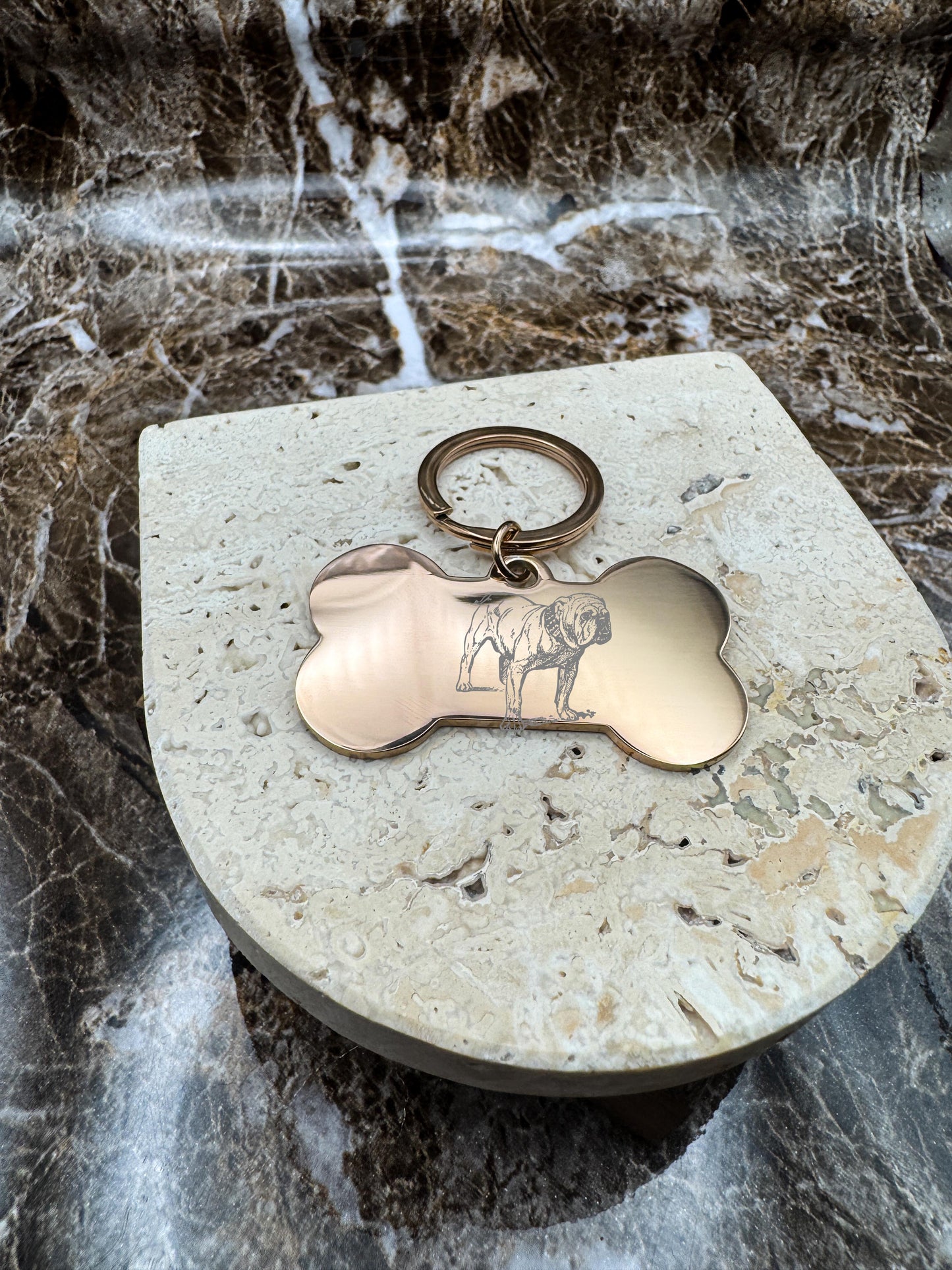 The Rose Gold Bone Custom Keychain, Personalized Rose Gold Engraved Keychain (1.95” x 1.1”)