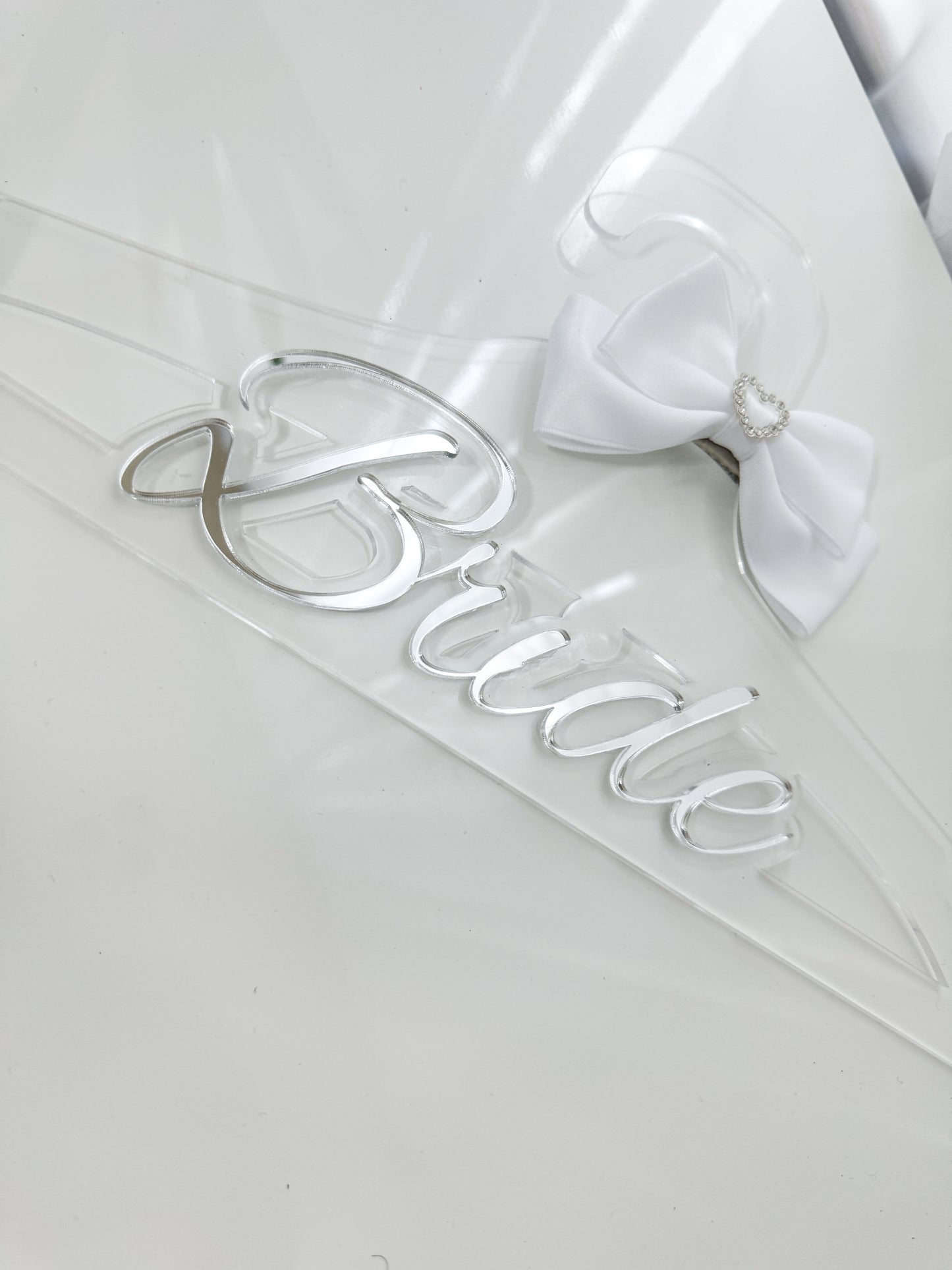 Custom Bride Acrylic Hanger with White Bow, Personalized Wedding Dress Hanger